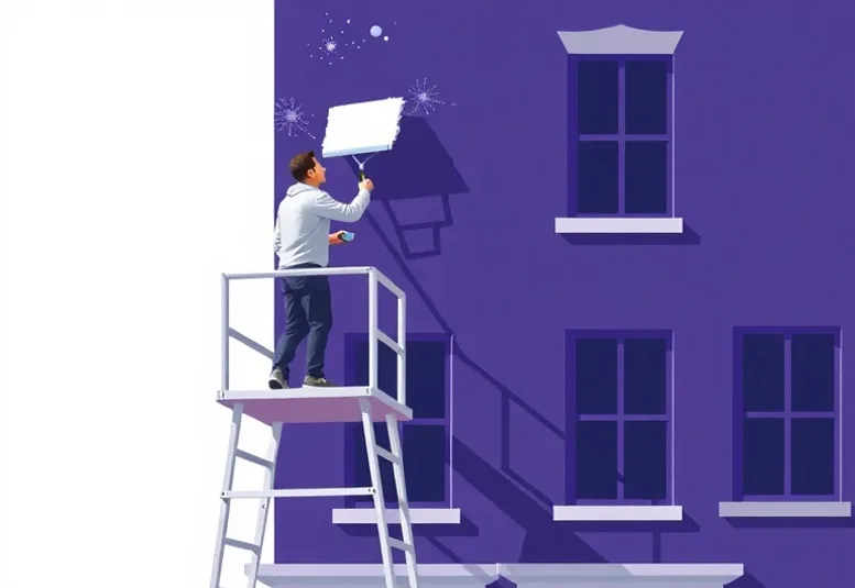Peintre sur échafaudage traitant la façade d'une maison